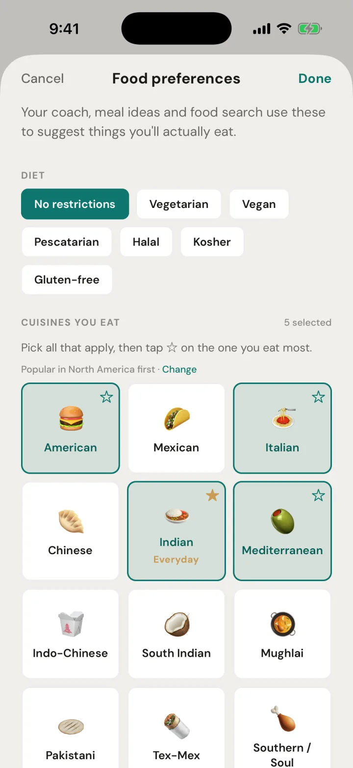 Food preferences screen: diet options and a grid of cuisines, with American, Italian, Mediterranean and Indian selected and Indian starred as the everyday cuisine.